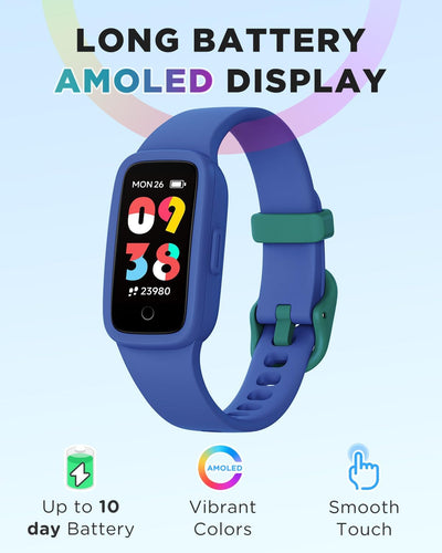 Kids Fitness Tracker Watch, AMOLED Screen, No App No Phone Needed, 3ATM Waterproof, Heart Rate and Sleep Monitor, Pedometer Watch
