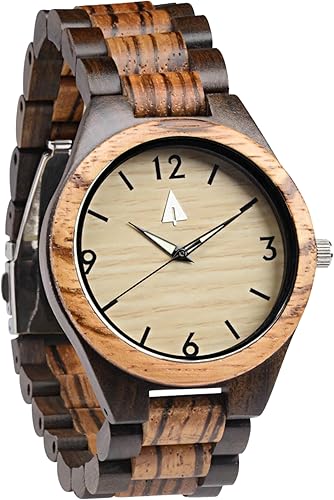 Wooden Watches for Men, Great Japanese Quartz Analog, Stylish Exotic Watch with Adjustable Stainless Steel Clasp, Buckle, Made from Ebony and Walnut Wood