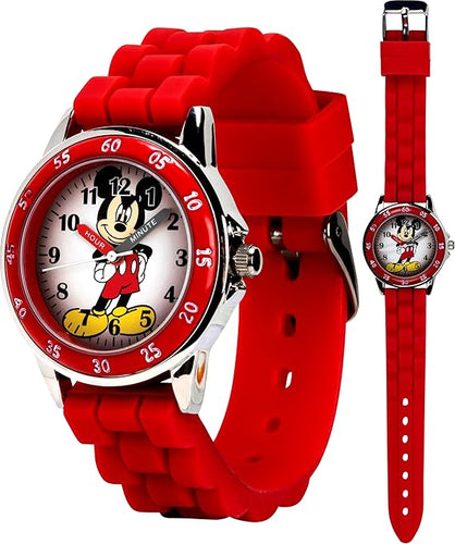 Mickey Mouse Kids Analog Time Teacher Watch, Easy-Read Dial, Fun Educational Watch, Silicone Strap